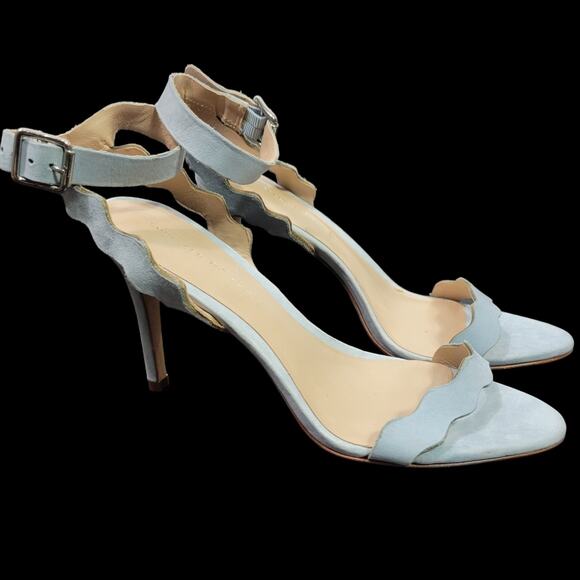 Loeffler Randall Reina Heel Blue Sandals Ankle Strap Leather Wavy Scalloped 8.5 - Picture 1 of 15